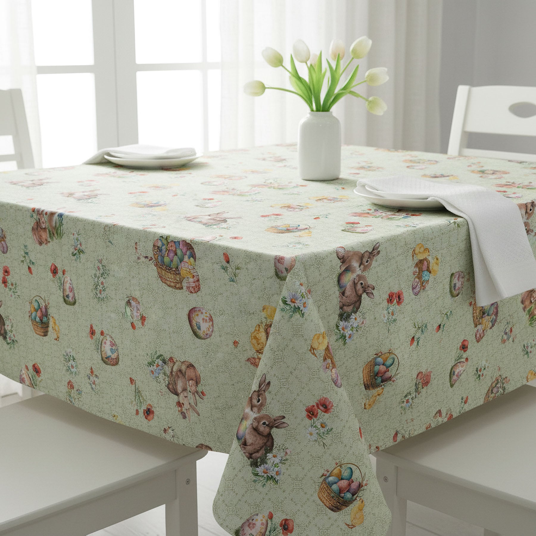 Ubrus PVC s textilním podkladem velikonoční 1747-02, velikonoční zajíčci na zelené, š.140cm (metráž)