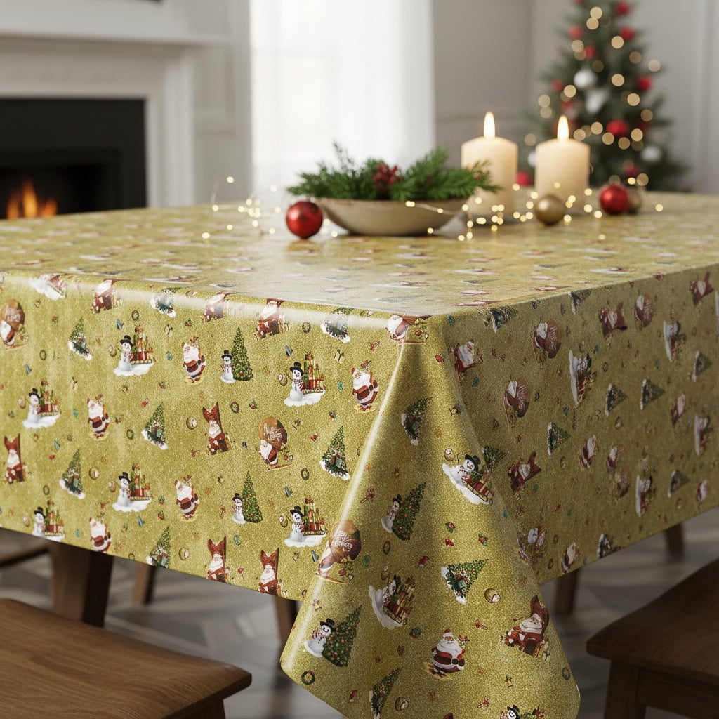 Sareha Ubrus PVC s textilním podkladem vánoční 1334-01 dětský, santa a sněhulák na zelené, š.140cm (metráž)