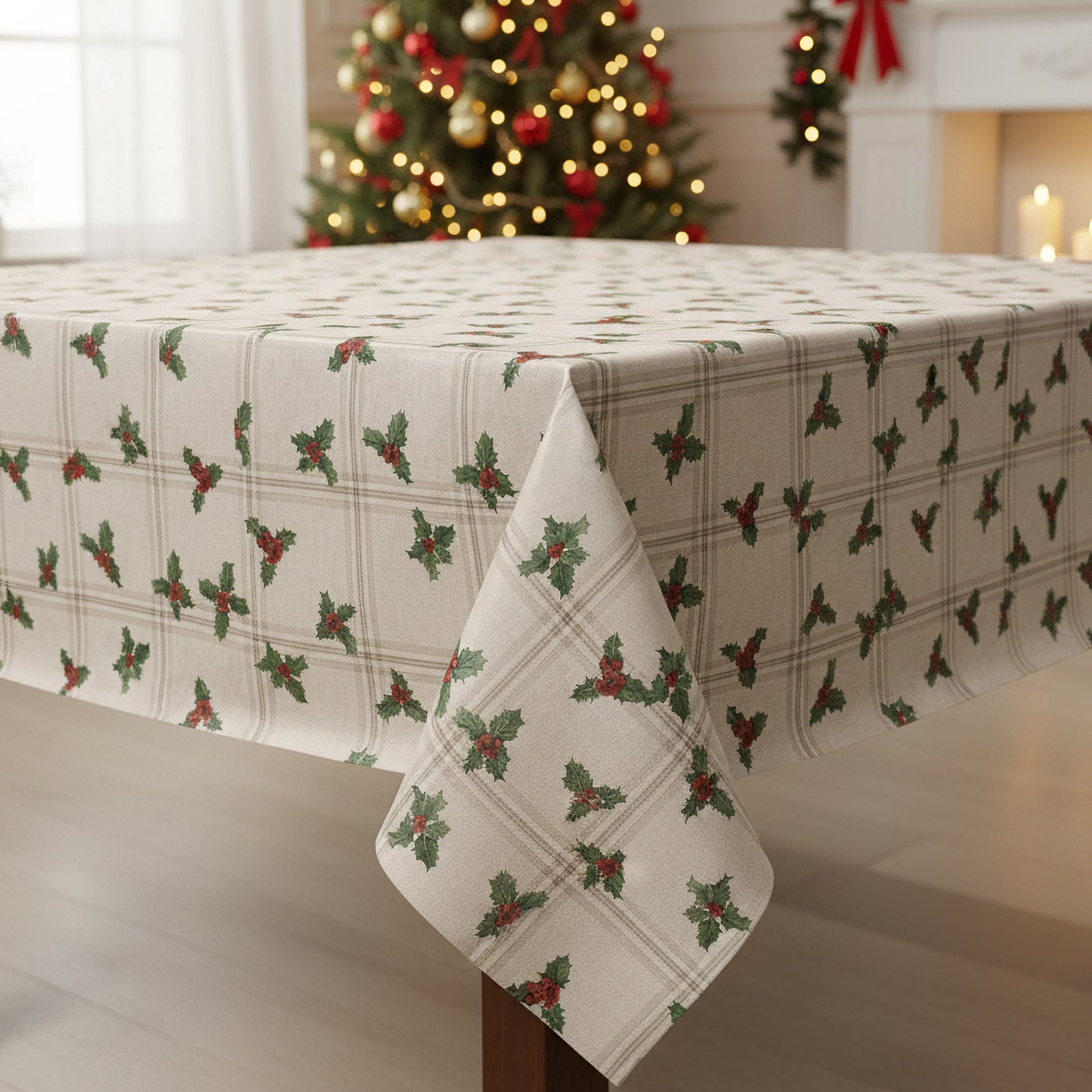 Ubrus PVC s textilním podkladem vánoční N48/10 cesmína káro na béžové, š.140cm (metráž)