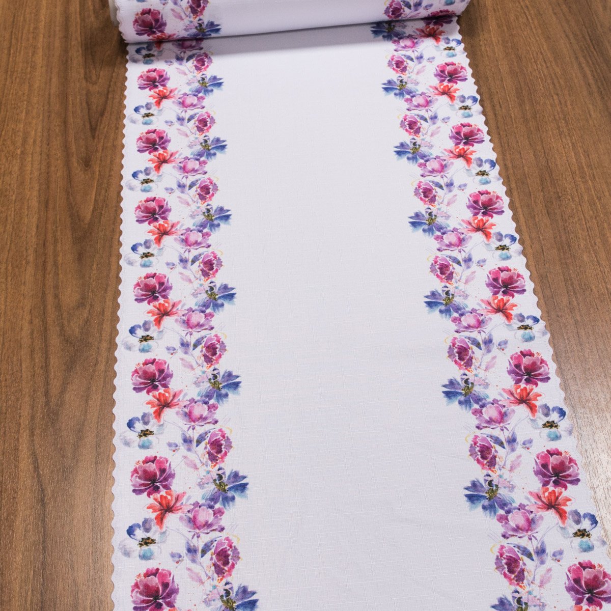 Ubrusovina / štola teflonová úprava, květinový okraj, modro-růžová, š.38cm (metráž)