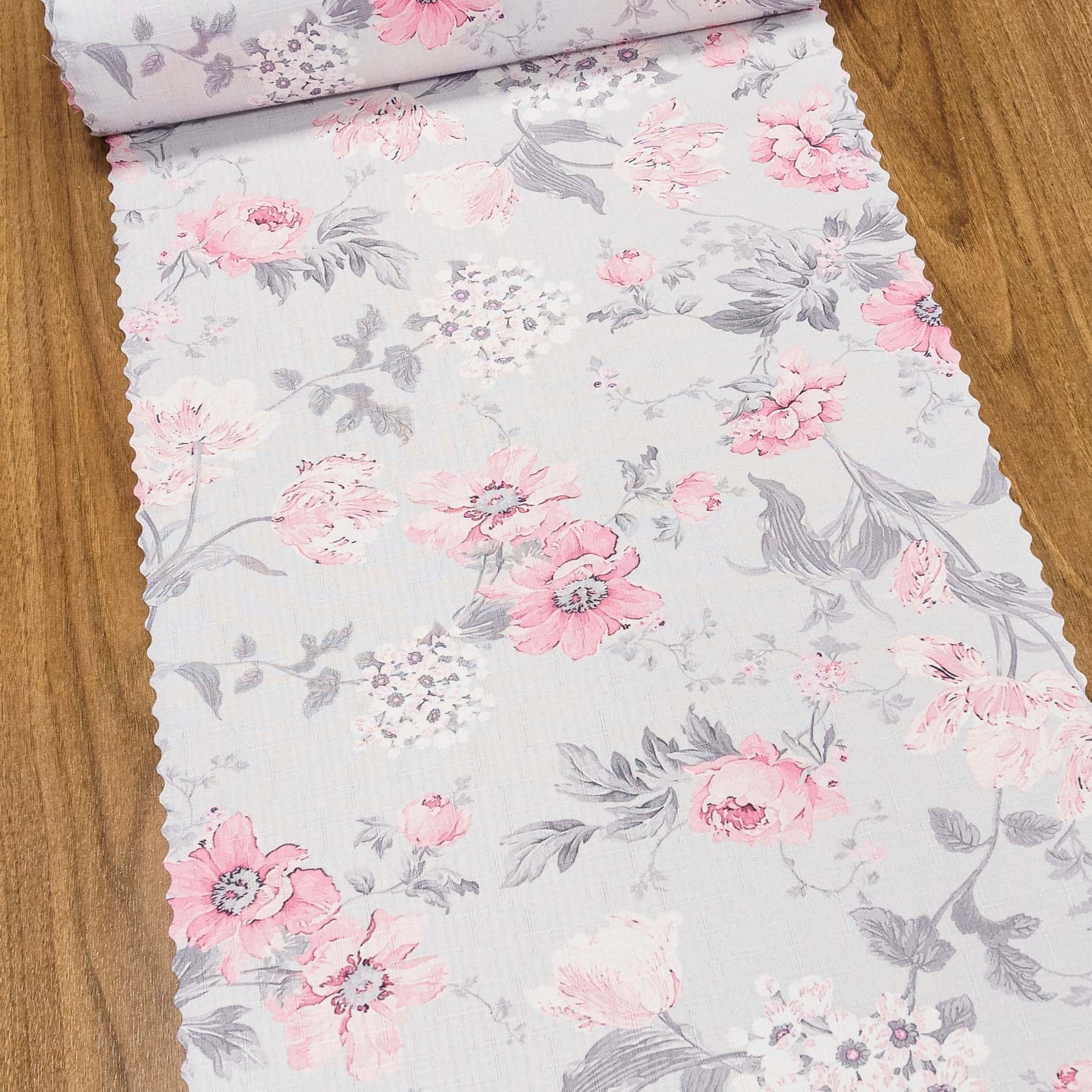 Ubrusovina / štola teflonová úprava, růžové květy na šedé, š.38cm (metráž)