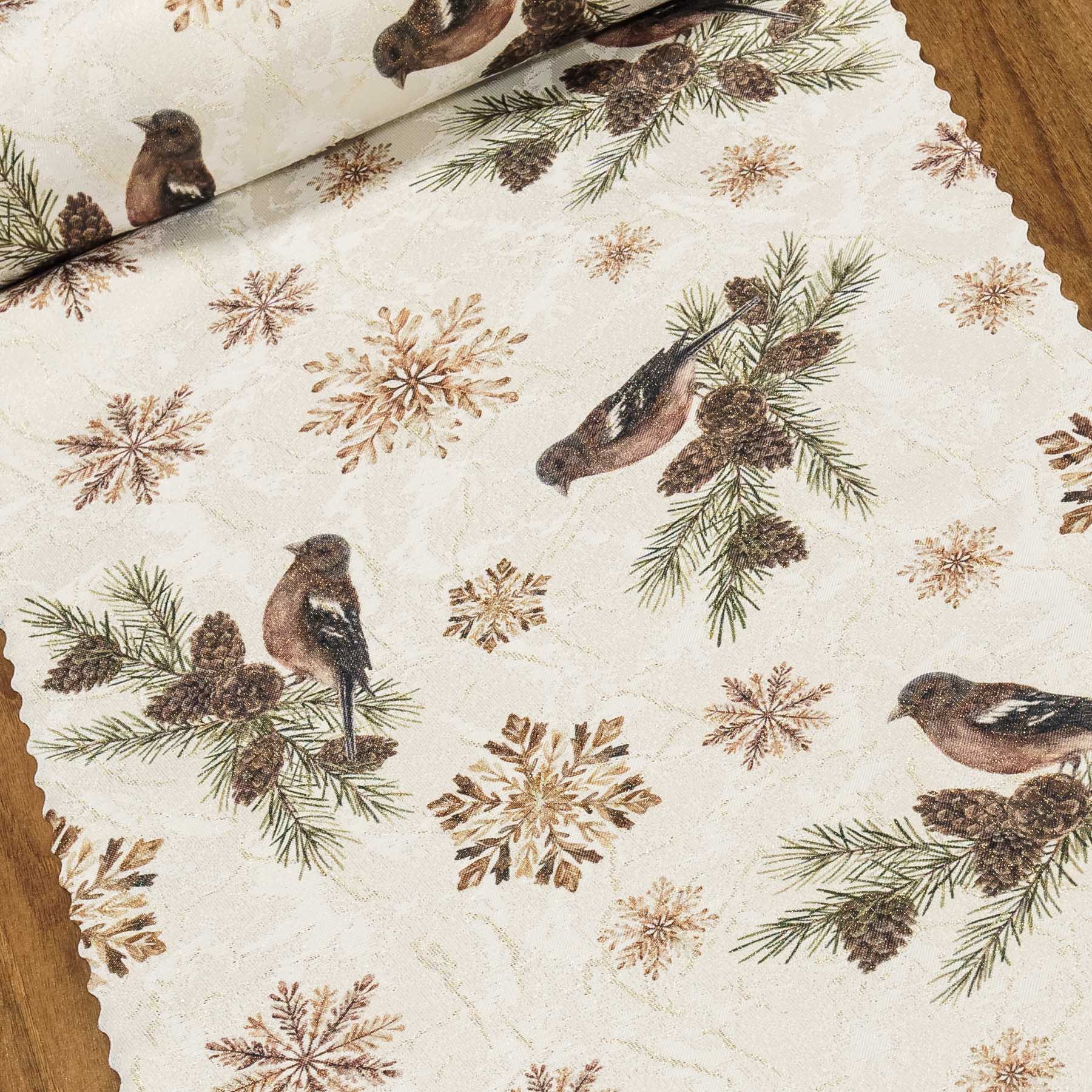 Ubrusovina vánoční / štola teflonová úprava, 25R5096-004 PTÁČCI, smetanová, š.38cm (metráž)