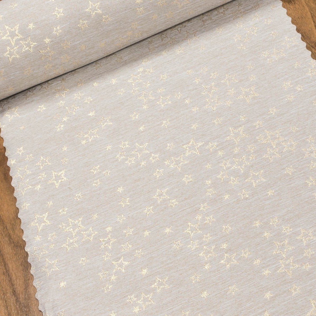 Ubrusovina vánoční / štola teflonová úprava, HVĚZDNÉ PŘÁNÍ, béžová / zlatá, š.38cm (metráž)