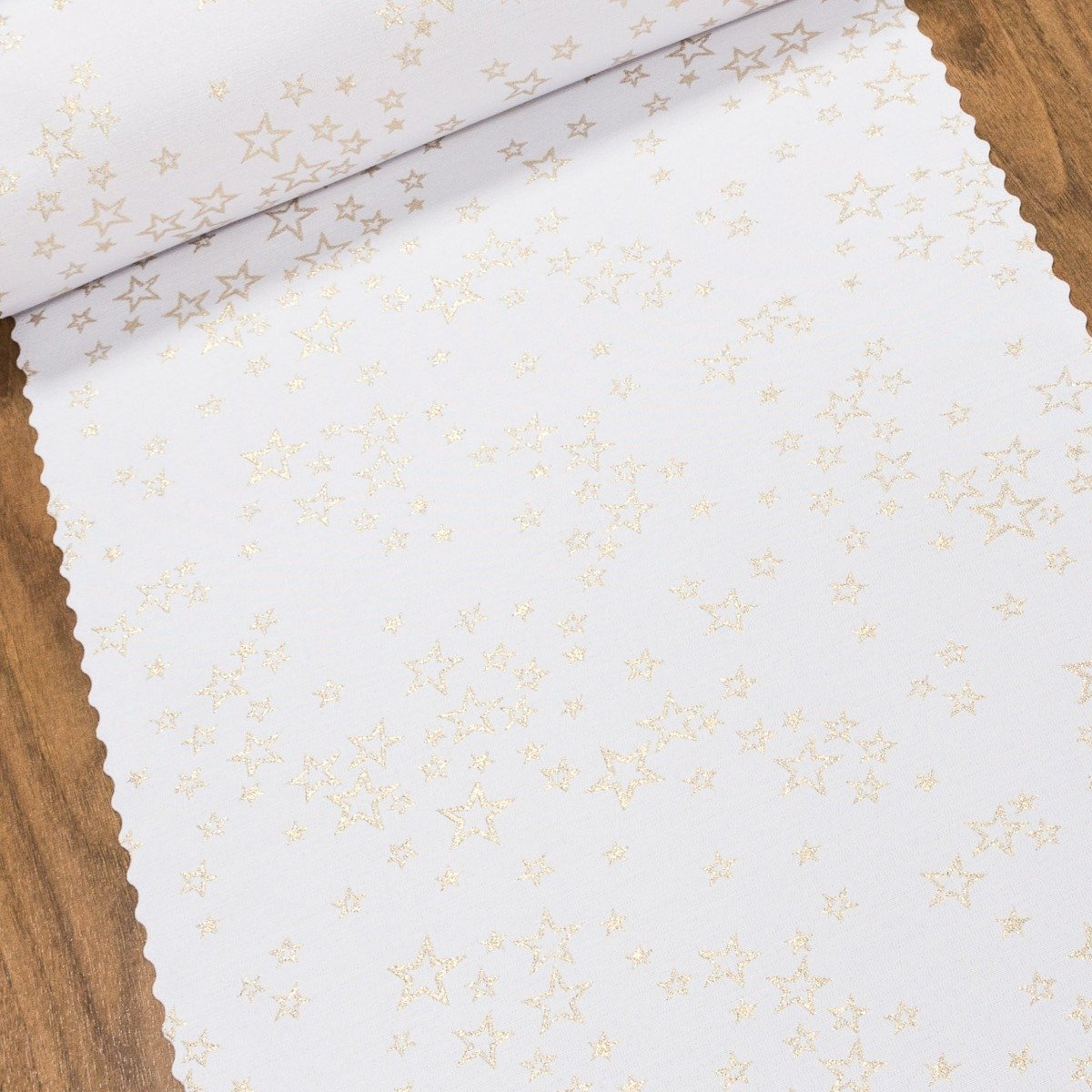 Ubrusovina vánoční / štola teflonová úprava, HVĚZDNÉ PŘÁNÍ, bílá / zlatá, š.38cm (metráž)