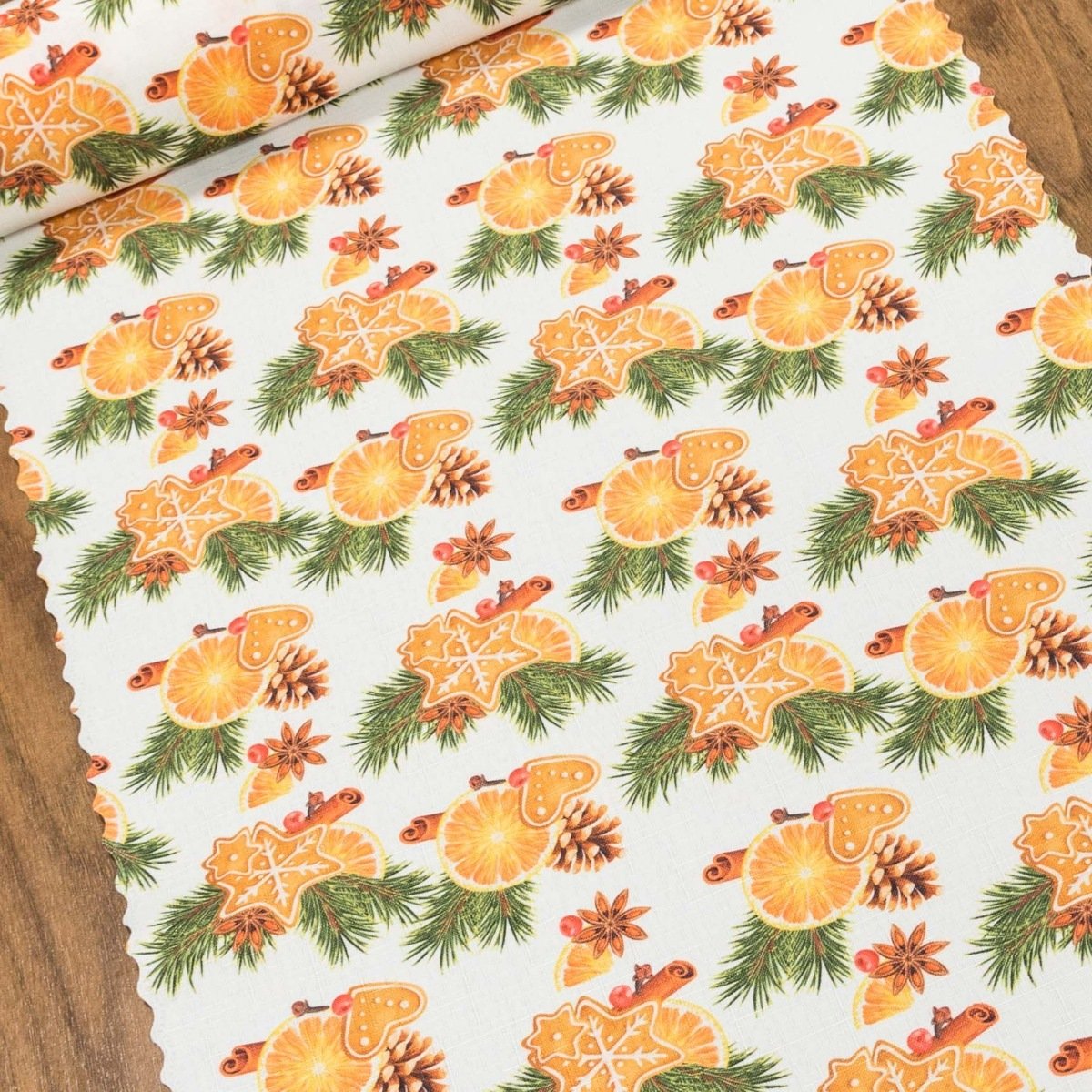 Ubrusovina vánoční / štola teflonová úprava, perníčky na smetanové, š.38cm (metráž)