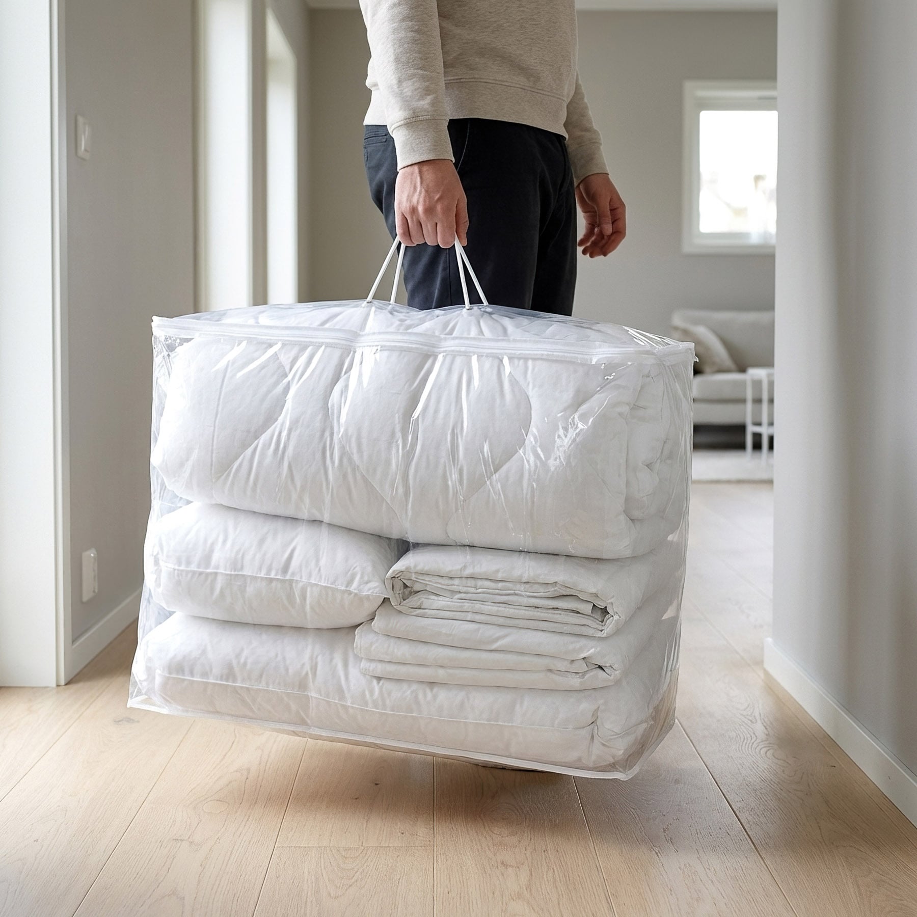 Levně Bellatex Úložný obal na lůžkoviny a deky 60×45×20 cm – taška se zipem a textilním uchem, průhledný, bílý lem