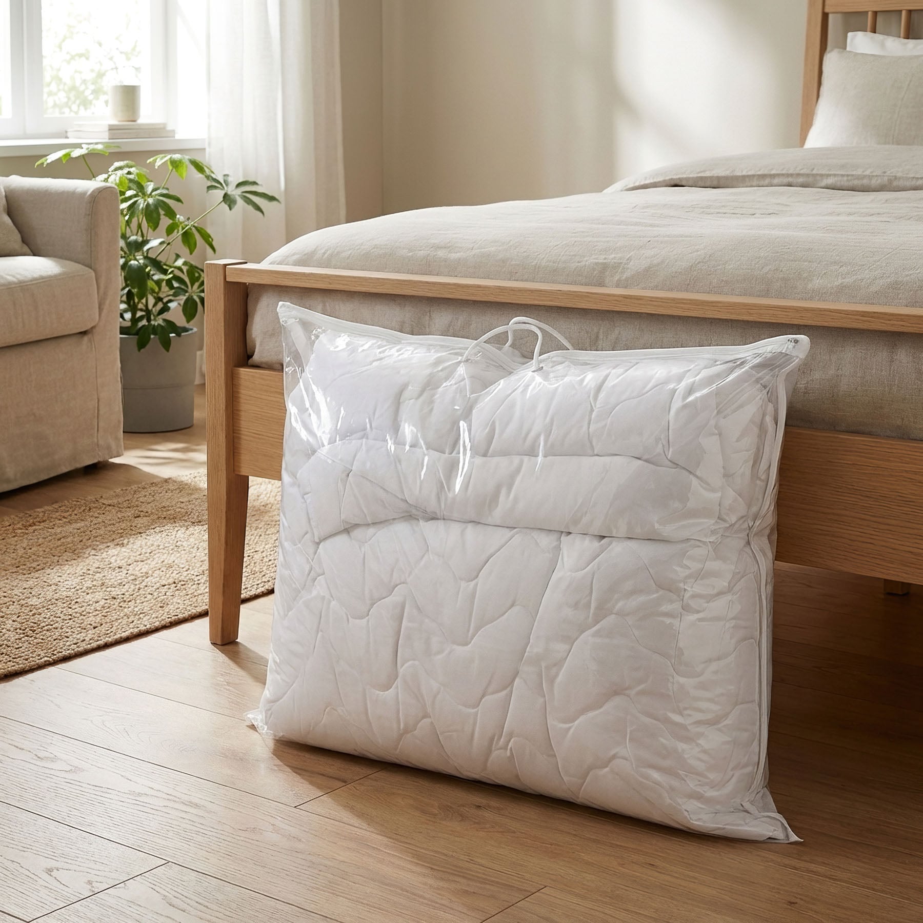 Levně Bellatex Úložný obal na lůžkoviny a deky 90×70 cm – taška se zipem a textilním uchem, průhledný, bílý lem