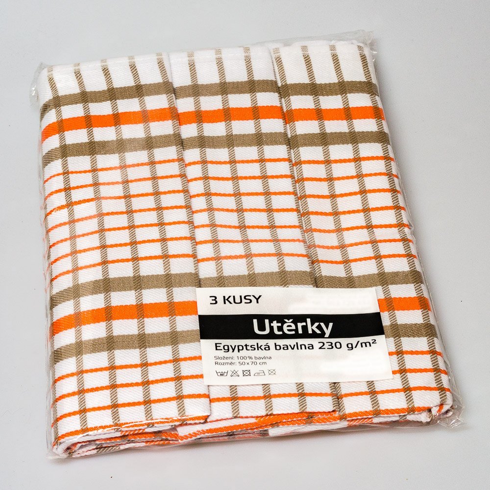Polášek kuchyňské utěrky EGYPTSKÁ BAVLNA 17, khaki káro/proužek, 3 kusy, 50x70cm