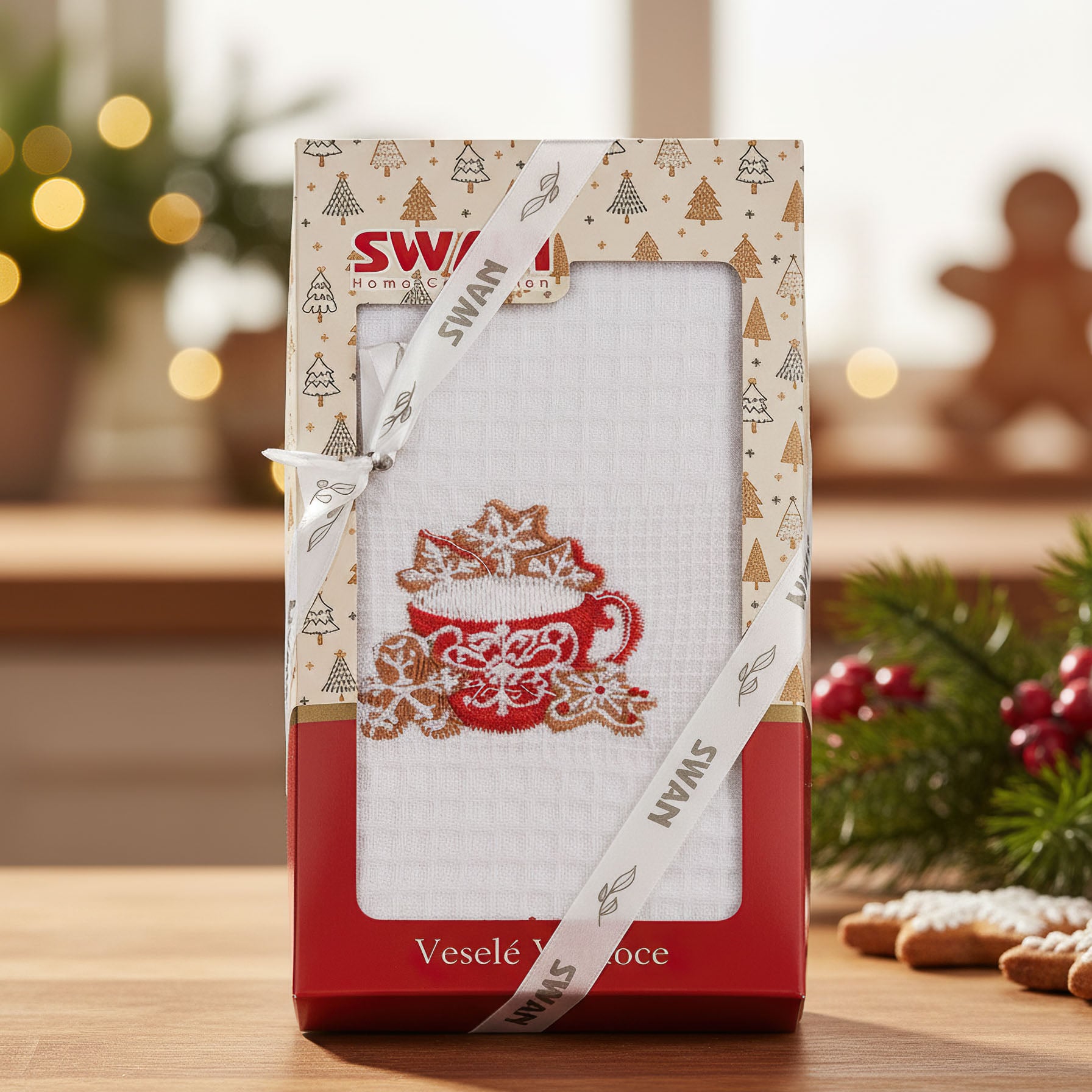 Utěrka KIARA VÁNOCE 18 vaflová vyšívaná, dárkové balení, hrníček a perníčky na bílé, 1 kus 50x70cm