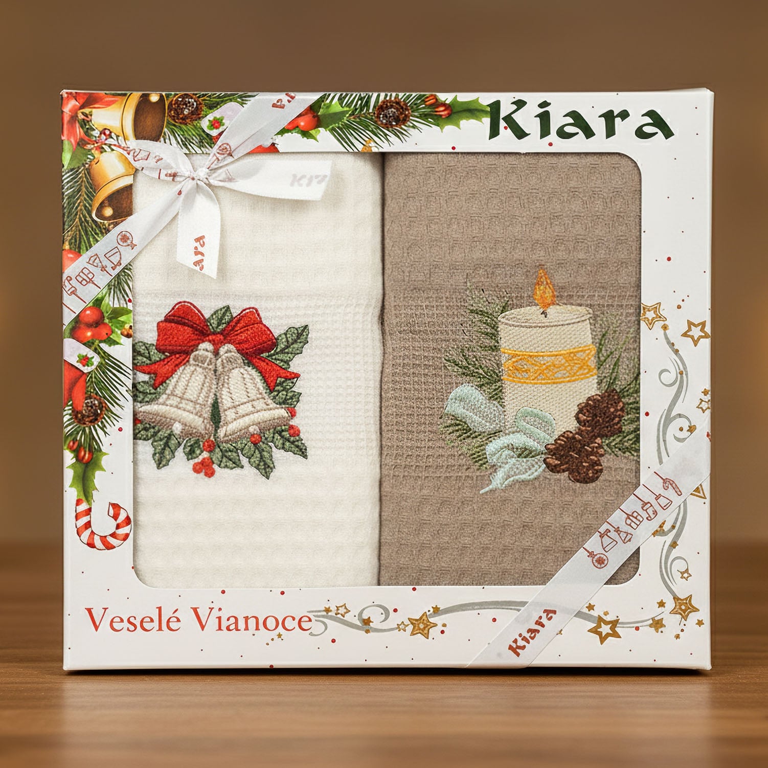 Utěrka KIARA VÁNOCE 65 vaflová vyšívaná, dárkové balení, svíčka a zvonečky, béžová, 2 kusy 50x70cm
