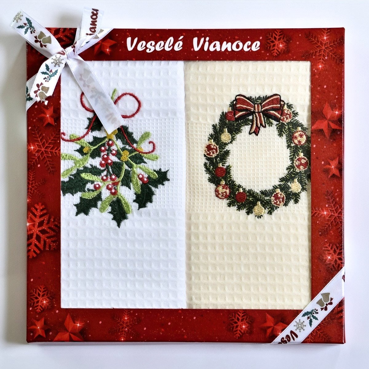 Utěrky DEKOR VÁNOCE 46 vaflové vyšívané, dárkové balení, jmelí a věneček, smetanová-bílá, 2 kusy 50x70cm