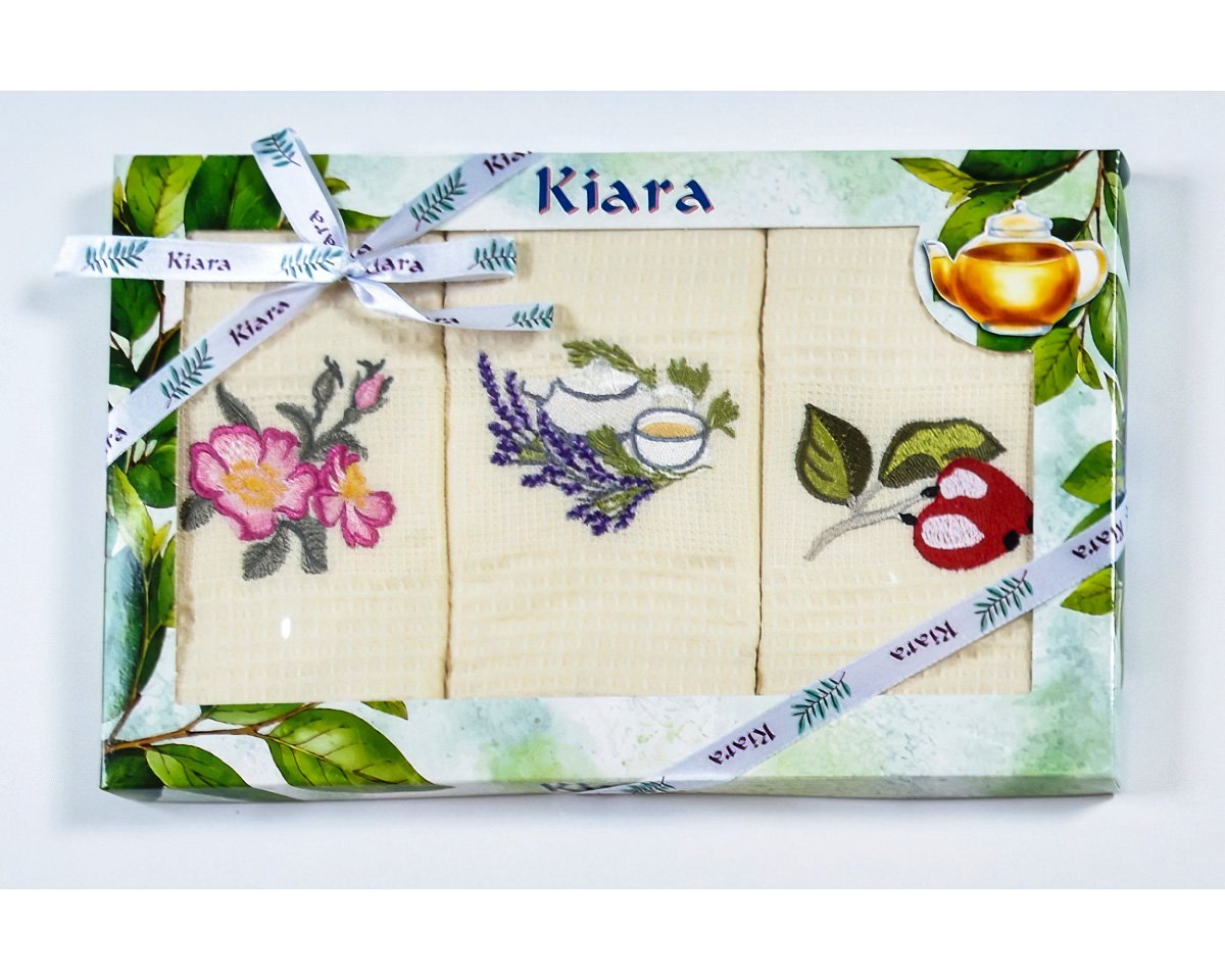 Utěrky KIARA 100 vaflové vyšívané, dárkové balení, čaj a šípková růže, smetanová, 3 kusy 50x70cm
