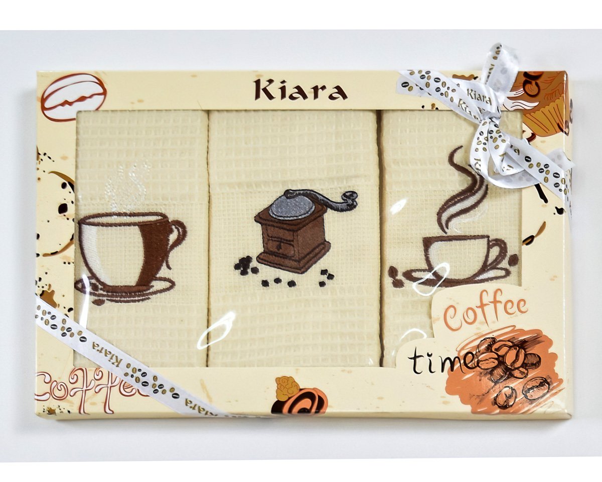 Utěrky KIARA 103 vaflové vyšívané, dárkové balení, káva a mlýnek, smetanová, 3 kusy 50x70cm