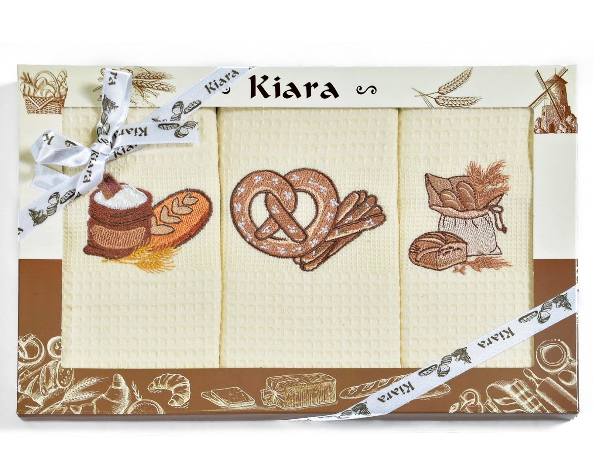 Utěrky KIARA 106 vaflové vyšívané, dárkové balení, pečivo, smetanová, 3 kusy 50x70cm