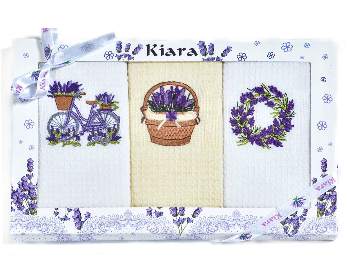 Utěrky KIARA 107 vaflové vyšívané, dárkové balení, levandule kolo košík věnec, smetanová a bílá, 3 kusy 50x70cm