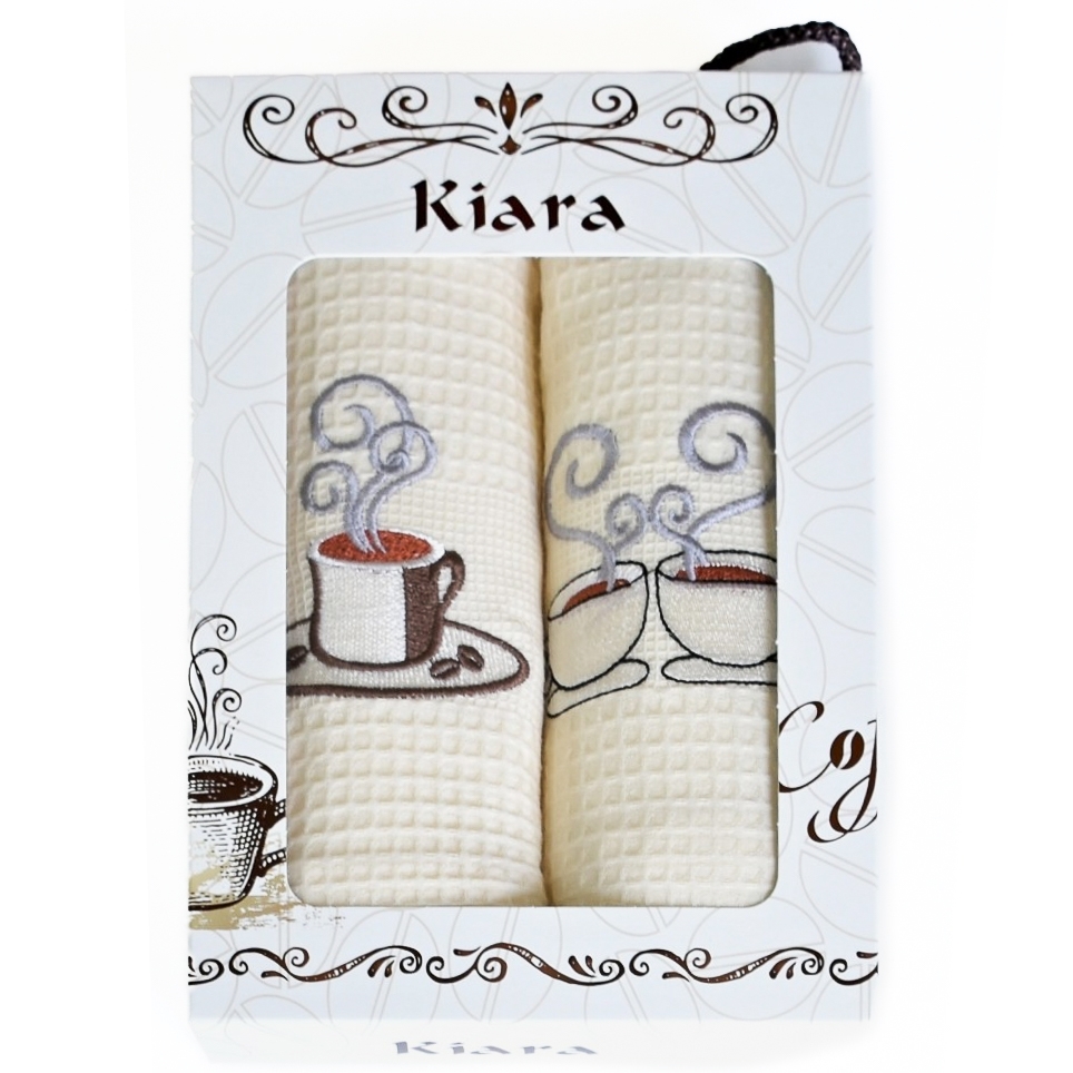 Utěrky KIARA 111 vaflové vyšívané, dárkové balení, káva, krémová, 2 kusy 50x70cm