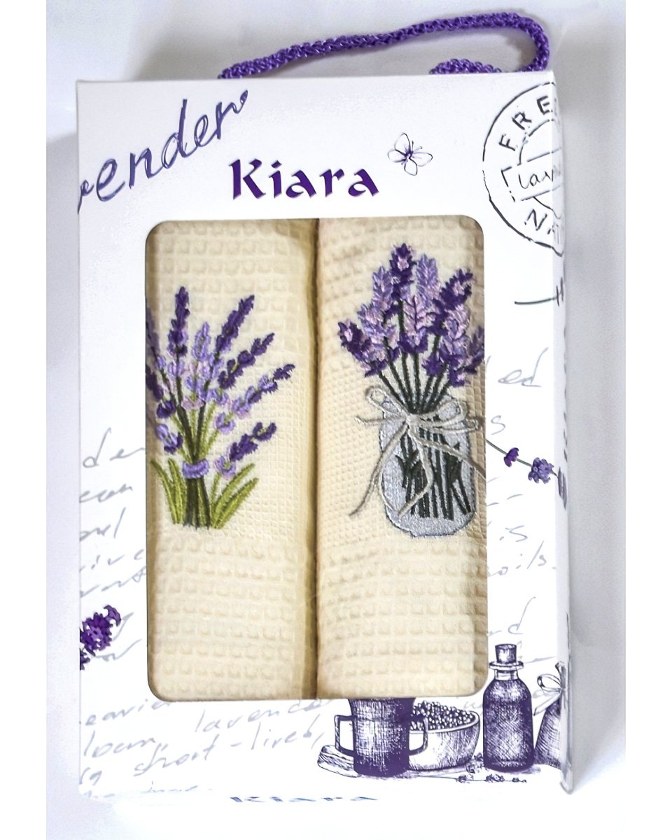 Utěrky KIARA 140 vaflové vyšívané, dárkové balení, levandule ve sklenici, smetanová 2 kusy 50x70cm