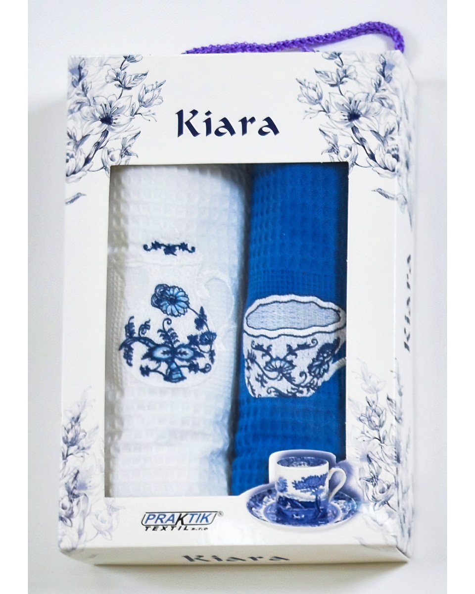 Utěrky KIARA 142 vaflové vyšívané, dárkové balení, hrníček a konvička, modro-bílá, 2 kusy 50x70cm