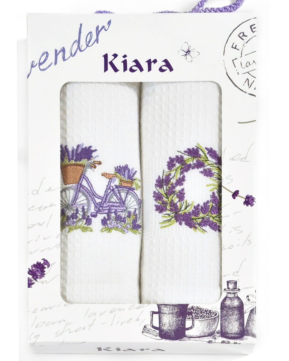 Utěrky KIARA 147 vaflové vyšívané, dárkové balení, levandule věnec kolo, bílá 2 kusy 50x70cm