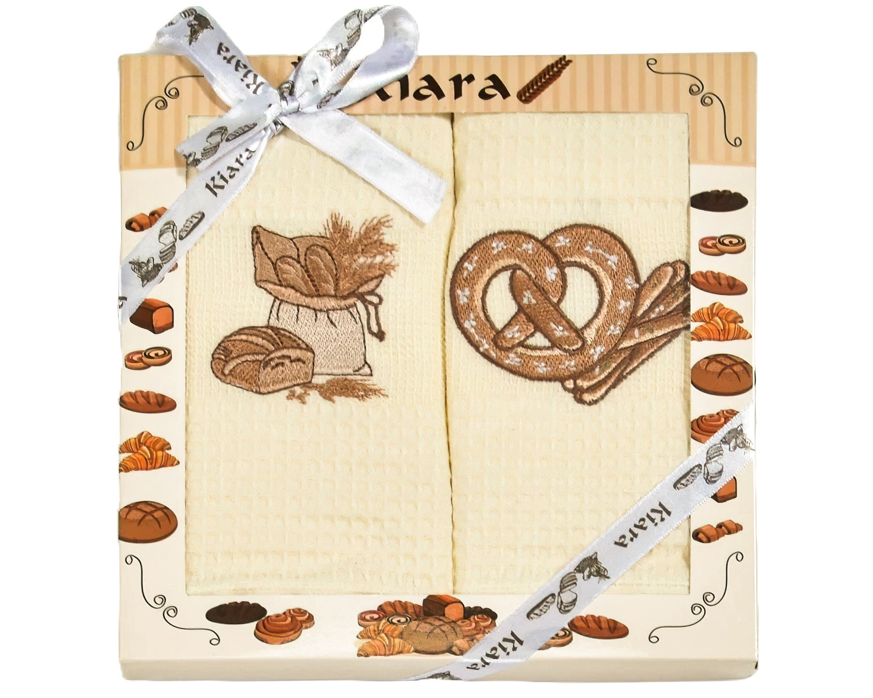 Utěrky KIARA 137 vaflové vyšívané, dárkové balení, pečivo a preclík na smetanové, 2 kusy 50x70cm