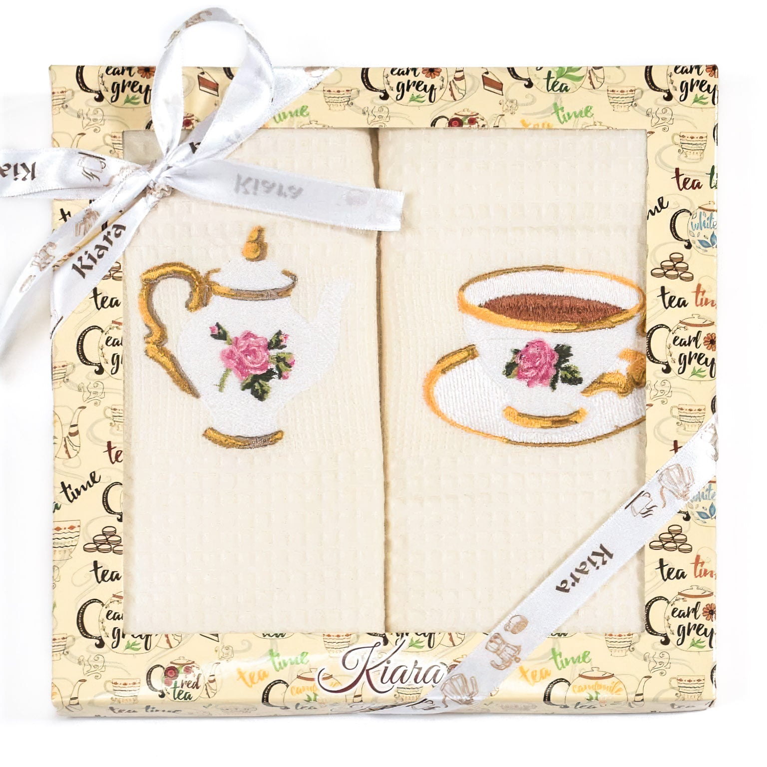 Utěrky KIARA 158 vaflové vyšívané, dárkové balení, porcelán s růžičkou na smetanové, 2 kusy 50x70cm