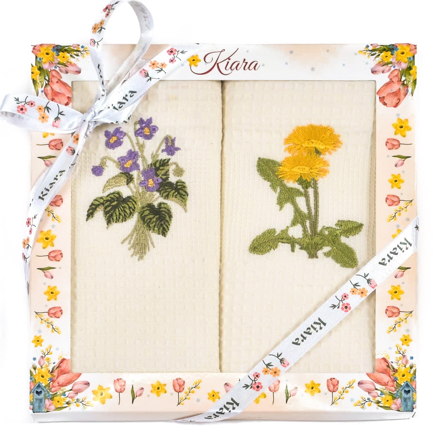 Utěrky KIARA 159 vaflové vyšívané, dárkové balení, pampelišky a fialky na smetanové, 2 kusy 50x70cm