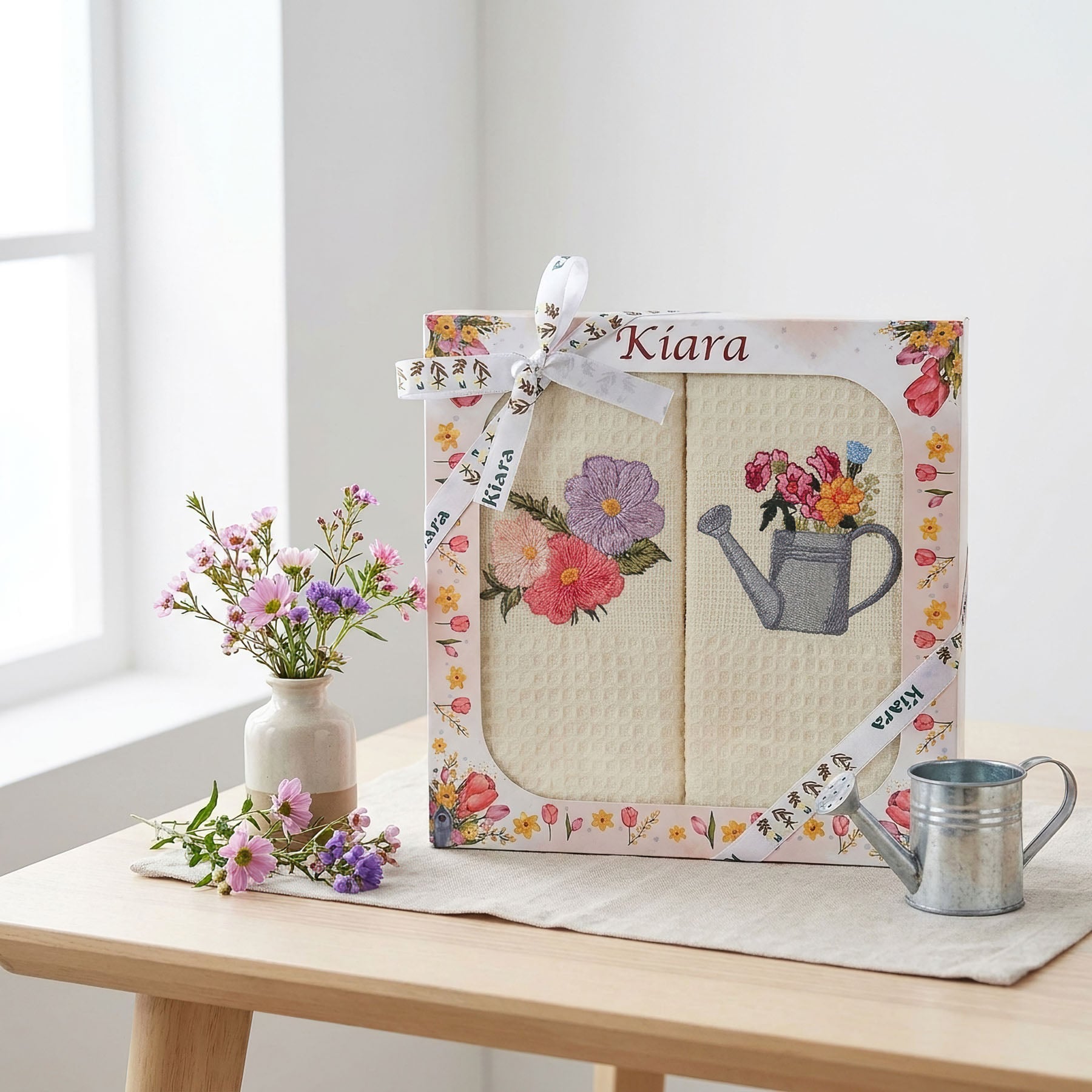 Utěrky KIARA 163 vaflové vyšívané, dárkové balení, konvička s květinami na smetanové, 2 kusy 50x70cm