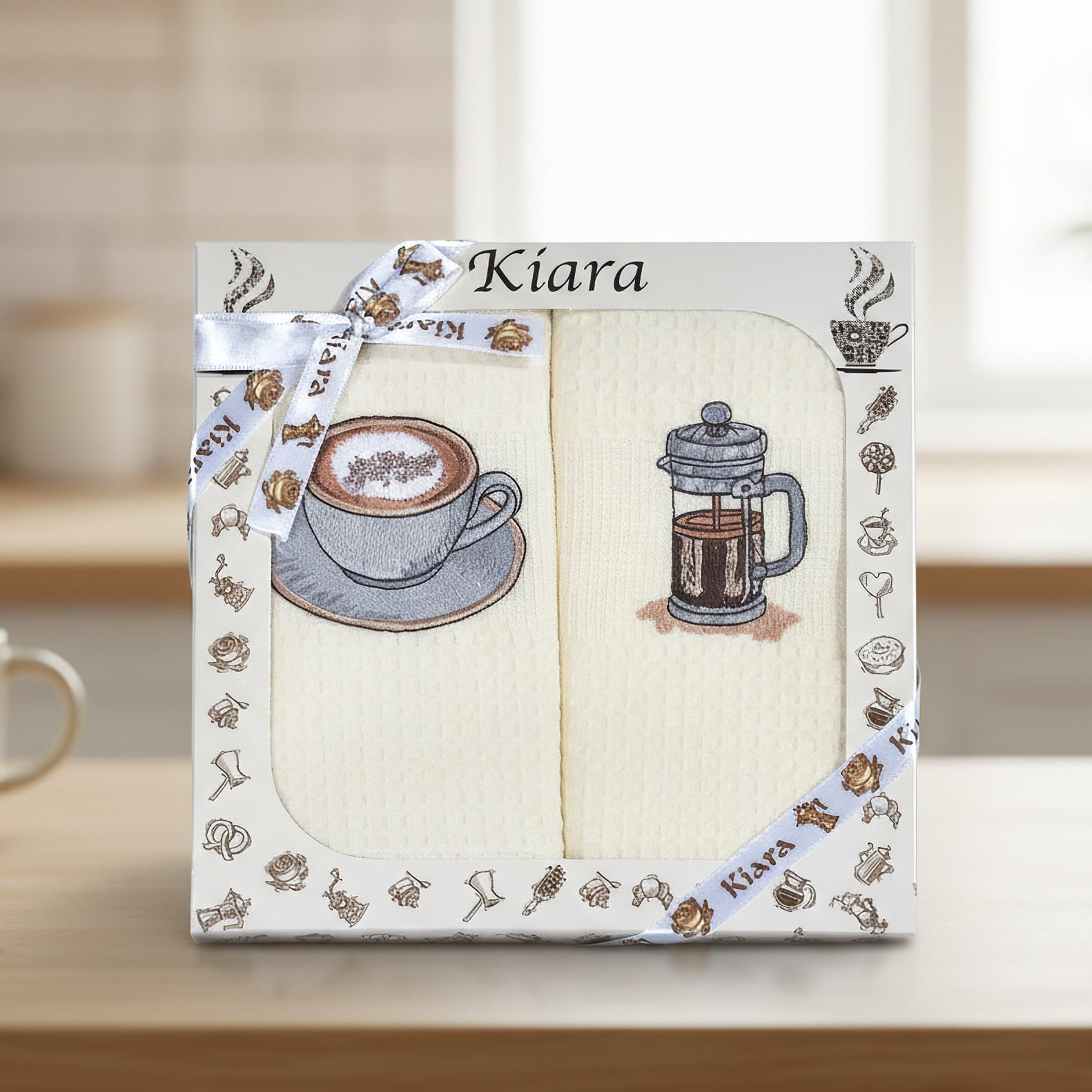 Utěrky KIARA 166 vaflové vyšívané, dárkové balení, káva a French press na smetanové, 2 kusy 50x70cm