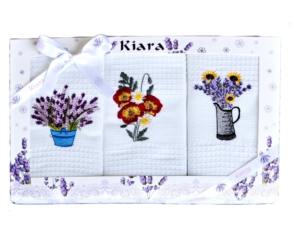 Utěrky KIARA 87 vaflové vyšívané, dárkové balení, květiny, bílá, 3 kusy 50x70cm