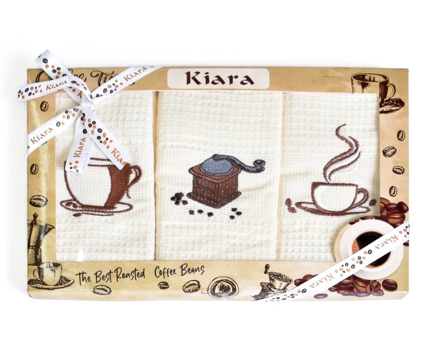Utěrky KIARA 94 vaflové vyšívané, dárkové balení, káva a mlýnek, smetanová, 3 kusy 50x70cm