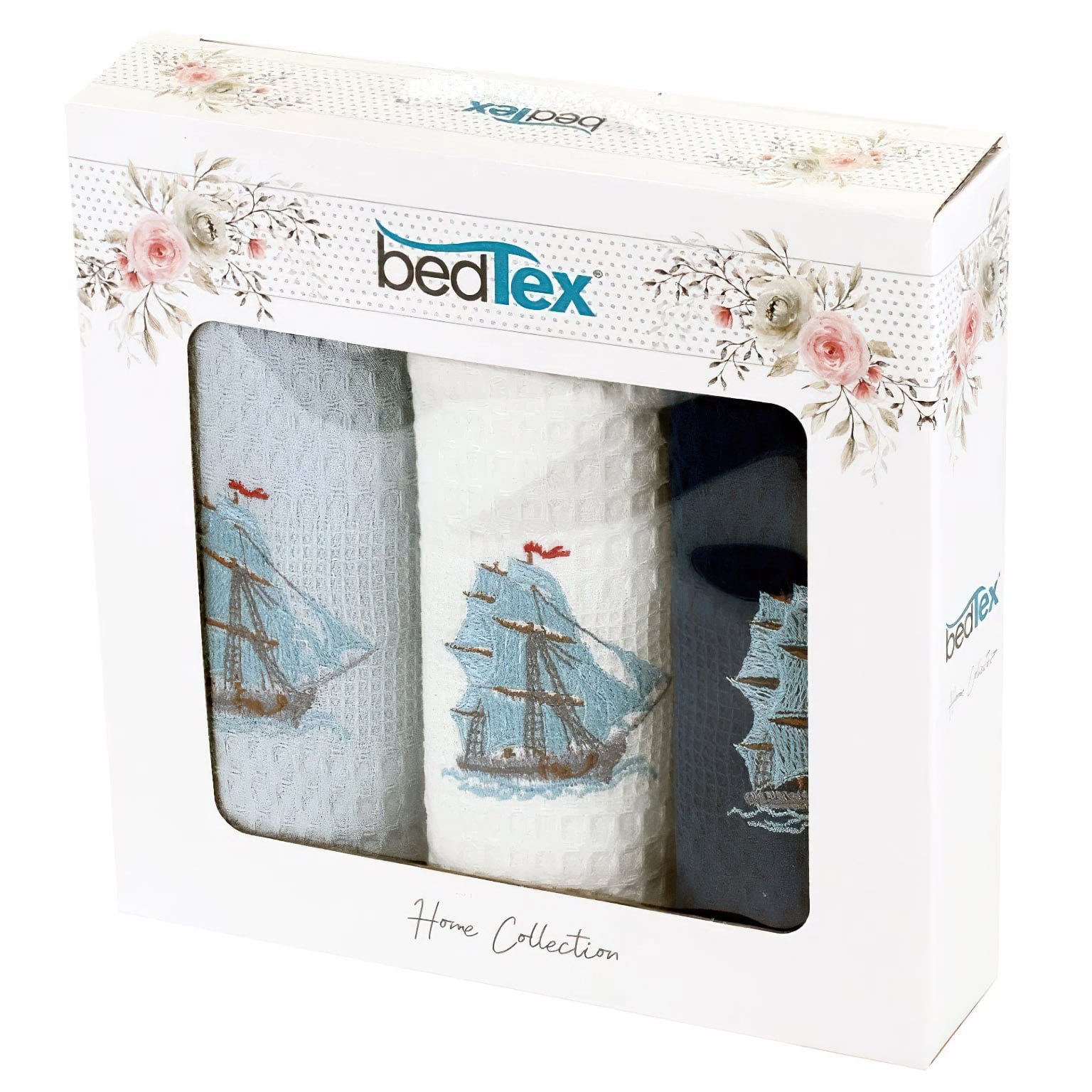 BedTex utěrky vaflové / dárkové balení LODĚ, modré s výšivkou, 3 kusy 40x60cm