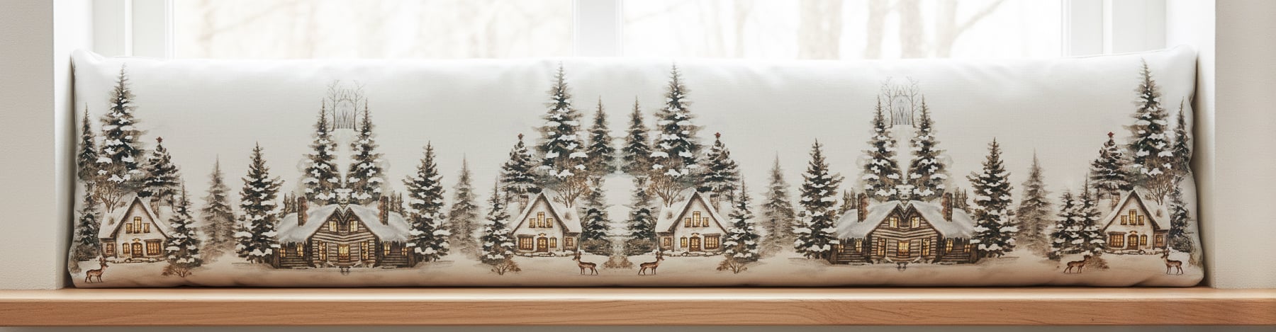 Vánoční dekorační polštářek, okenní válec proti průvanu SVÍTÍCÍ CYH6059R, zasněžené chaloupky 18x85cm