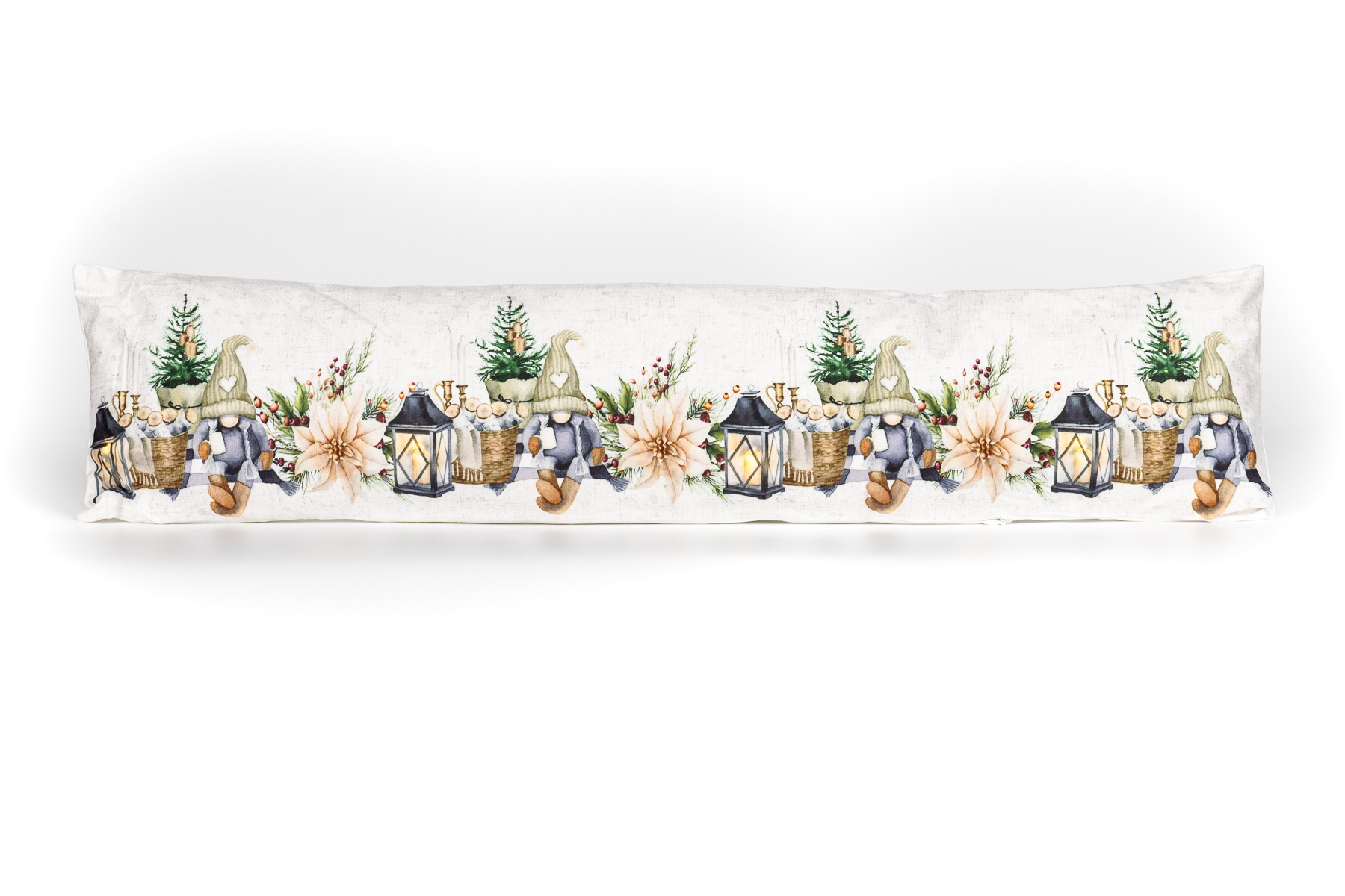 Vánoční dekorační polštářek, okenní válec proti průvanu SVÍTÍCÍ CYH6060C, skřítek s lucernou, bílá 18x85cm
