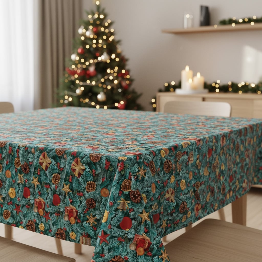 Sareha Ubrus PVC s textilním podkladem vánoční 20A jehličí, šišky a dárky, š.140cm (metráž)