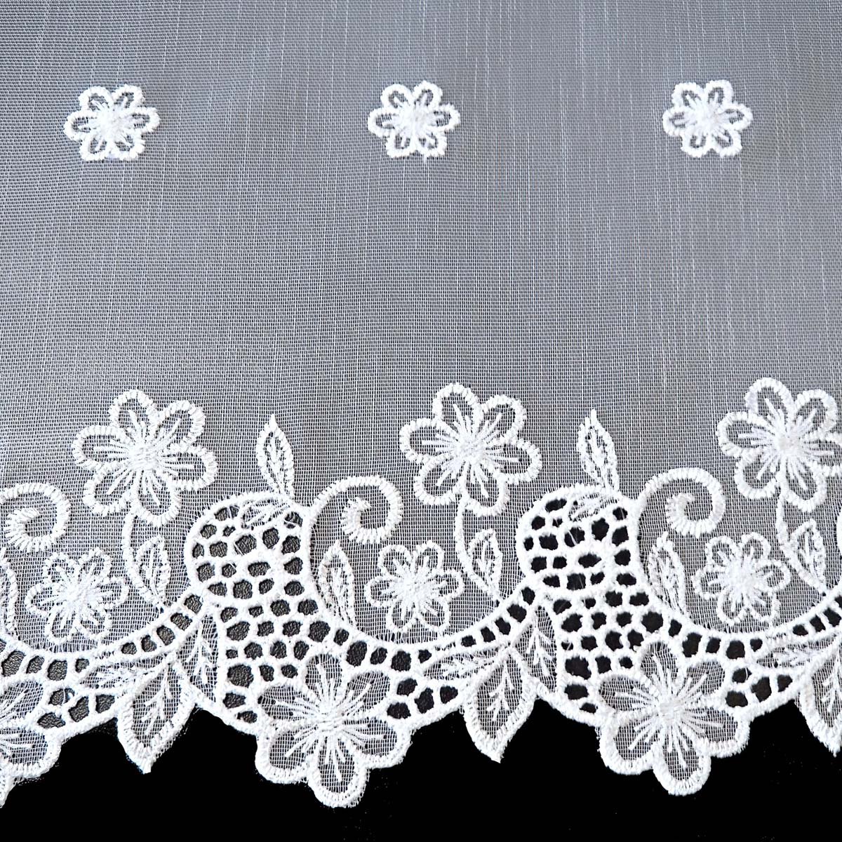Olzatex vitrážová záclona polyesterový batist ROSITA vyšívaný květinový vzor, s bordurou, bílá, výška 50cm (v metráži)