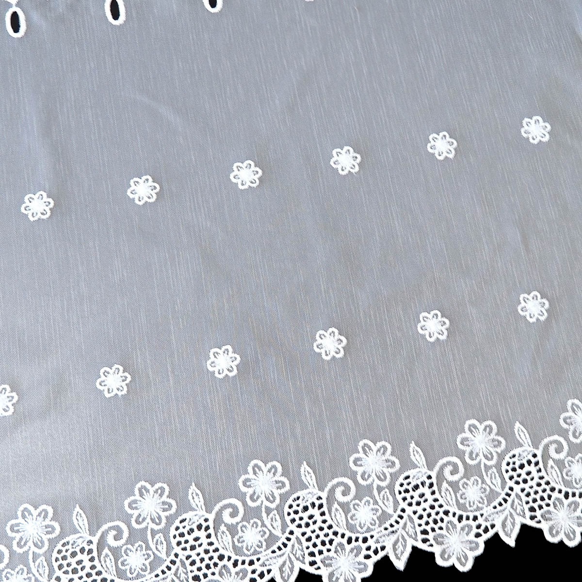 Olzatex vitrážová záclona polyesterový batist ROSITA vyšívaný květinový vzor, s bordurou, bílá, výška 50cm (v metráži)
