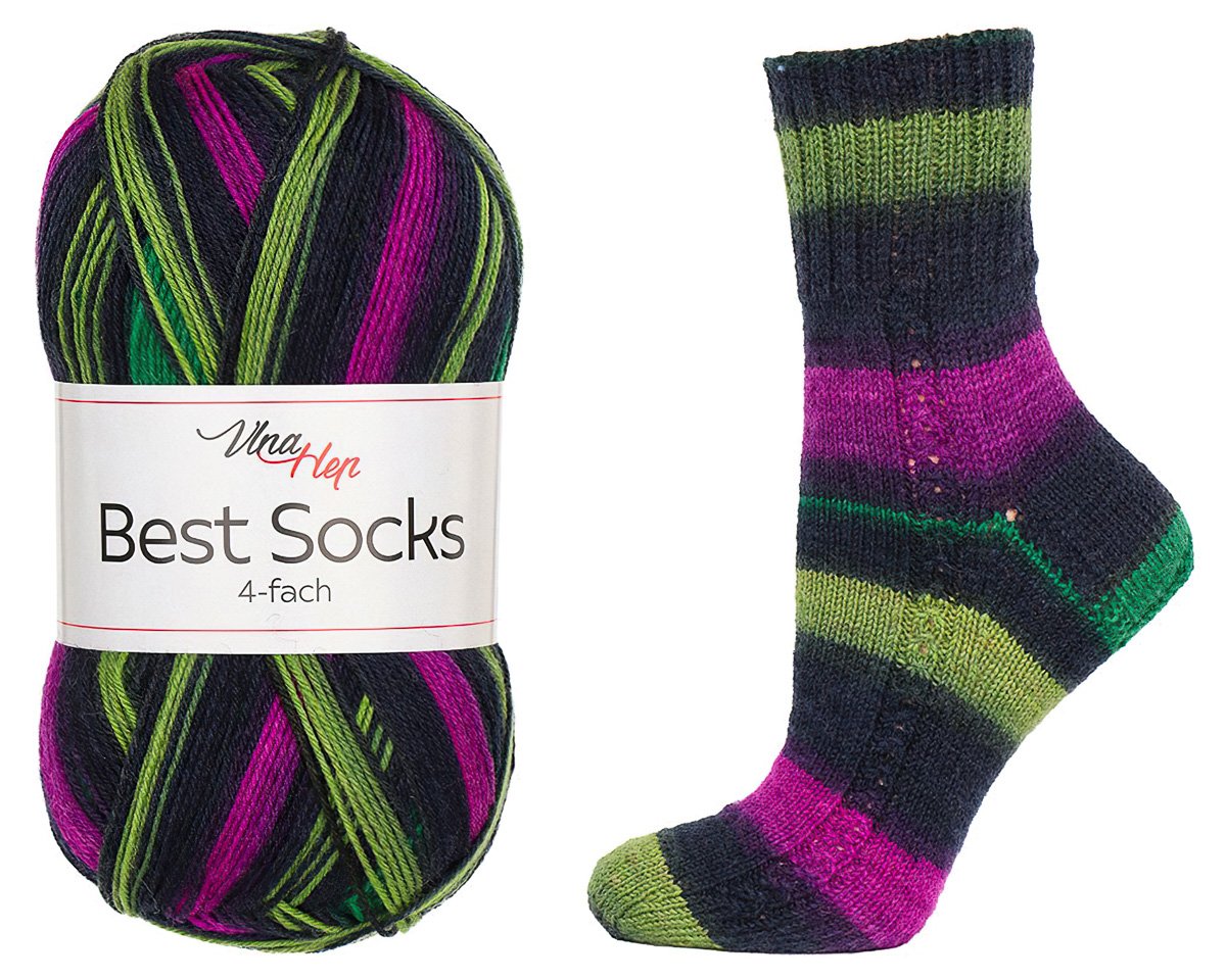 Pletací / háčkovací příze Vlna-Hep BEST SOCKS 4-fach 7722 tlumená černo-zeleno-fialová, vzorovaná, ponožková, 100g/420m