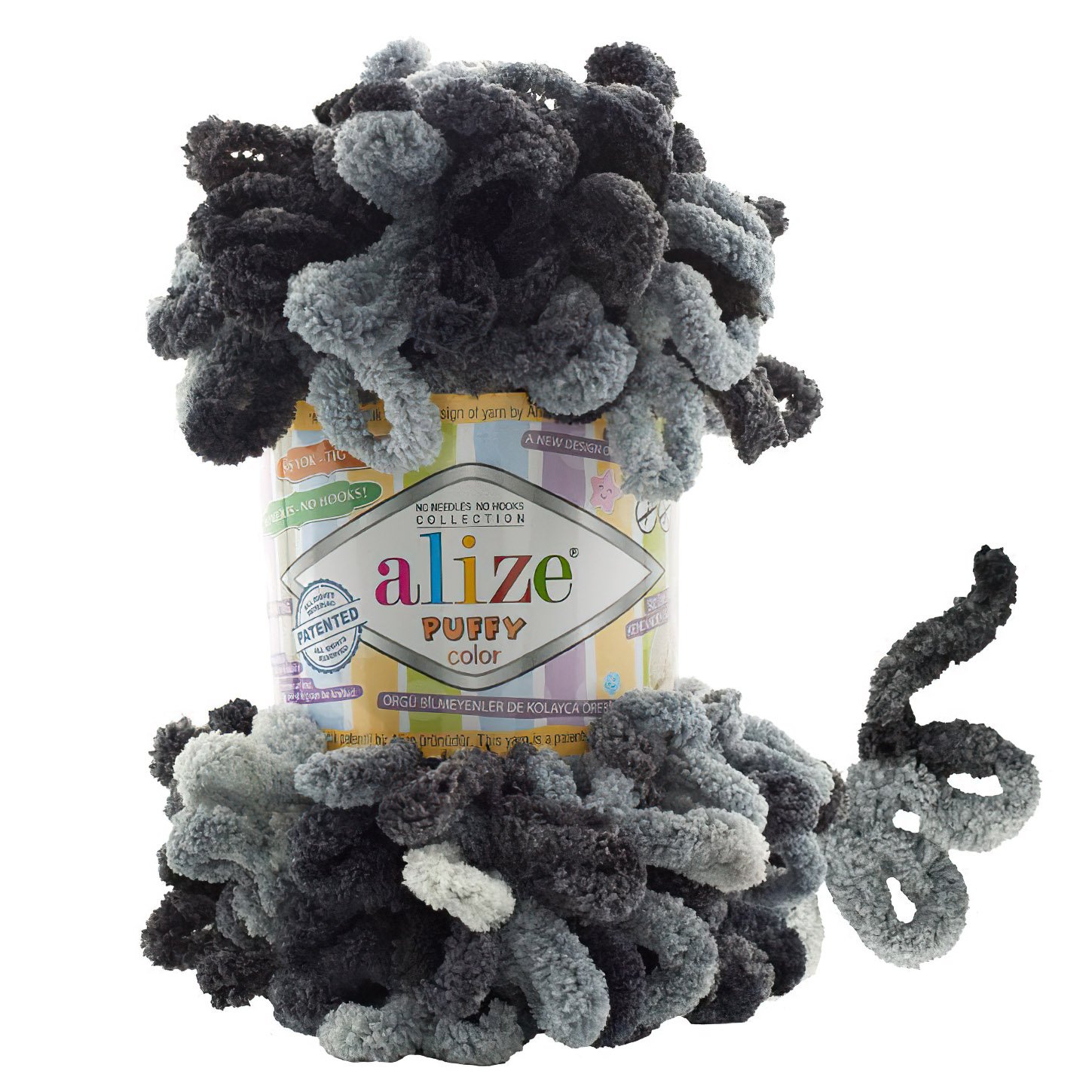 Pletací příze Alize PUFFY COLOR 6532 černo-šedý melír, efektní, 100g/9m