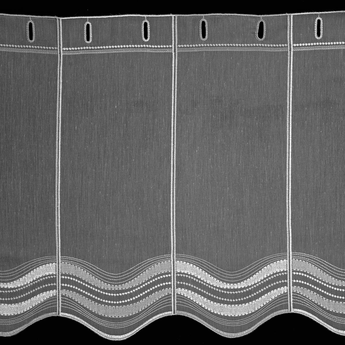 Rand voálová vitrážová záclona 30108 šedé vlnky, vyšívaná s bordurou, bílá, výška 60cm (v metráži)