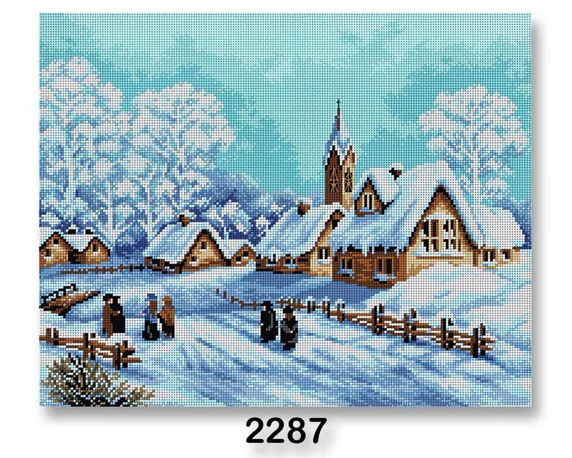 VTC Vyšívací předloha, obrázek na vyšívání 70242/2287, vesnice v zimě, bílo-modrá, 40x50cm