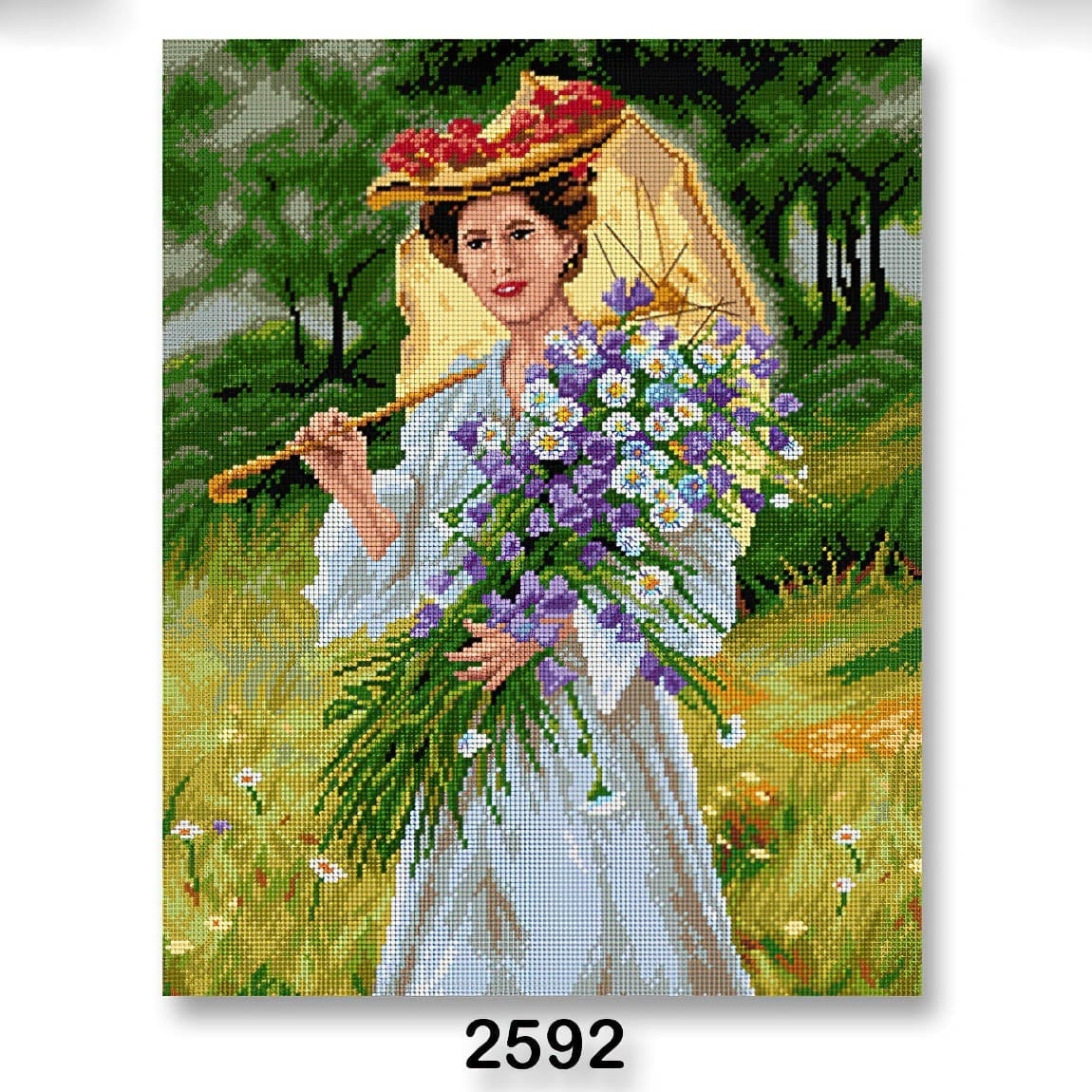 VTC Vyšívací předloha, obrázek na vyšívání 70242/2592, dáma s květinami, zelena, 40x50cm