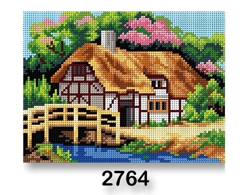 VTC Vyšívací předloha, obrázek na vyšívání 70246/2764, dům jaro 2, hnědo-zelená, 18x24cm