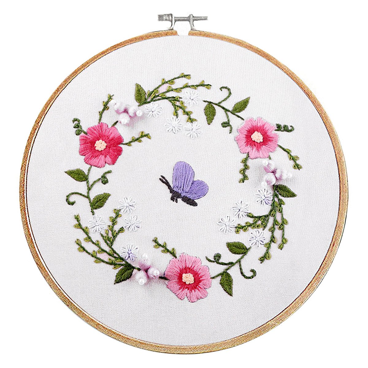 Stoklasa Vyšívací sada s předtištěným motivem 380732/4, květiny s motýlkem (rámeček, předtisk, jehly a příze), průměr 20,2cm