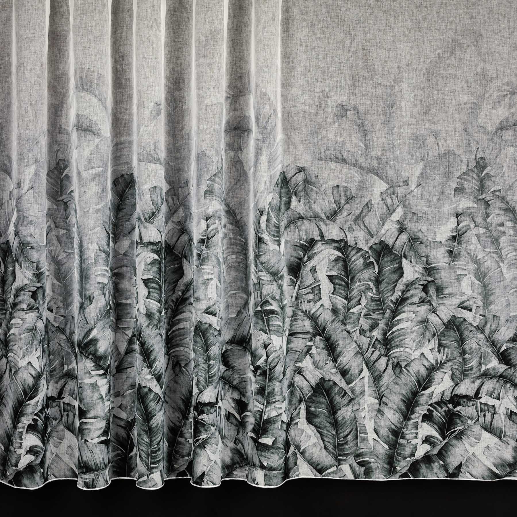 Berk záclona / lehká závěsovina polyesterový batist 4096/1, zeleno-šedé listy na smetanové, s olůvkem, výška 210cm (v metráži)