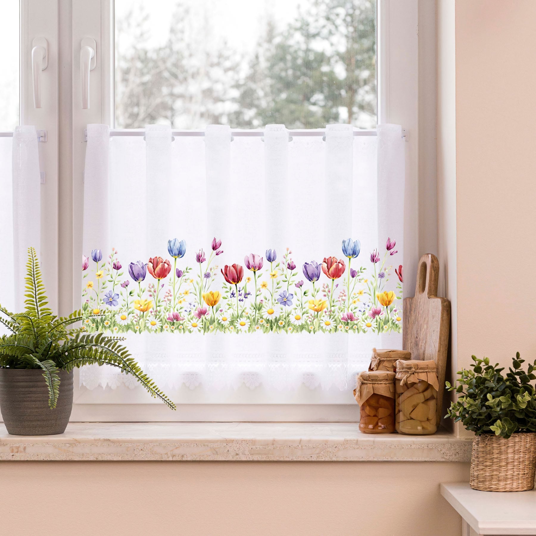 Levně Forbyt žakárová vitrážová záclona TULIPÁNY TISK 361930, barevný vzor, s bordurou, výška 50cm (v metráži)
