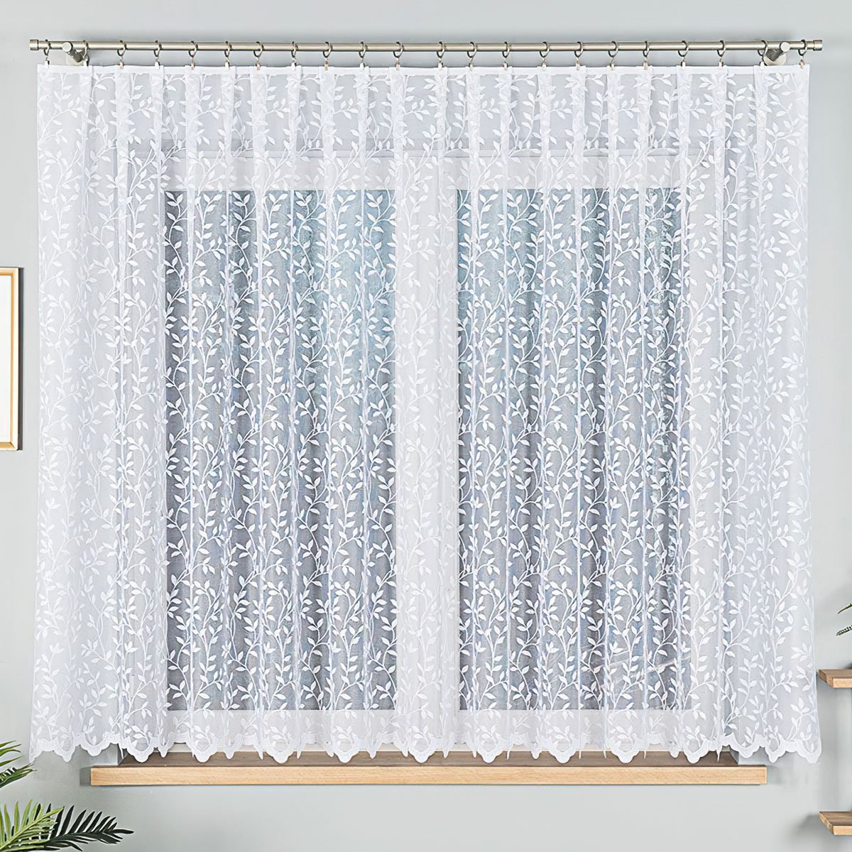 Buona Ventura žakárová 23058, lístky, bílá, s bordurou, bílá, výška 90cm (v metráži)