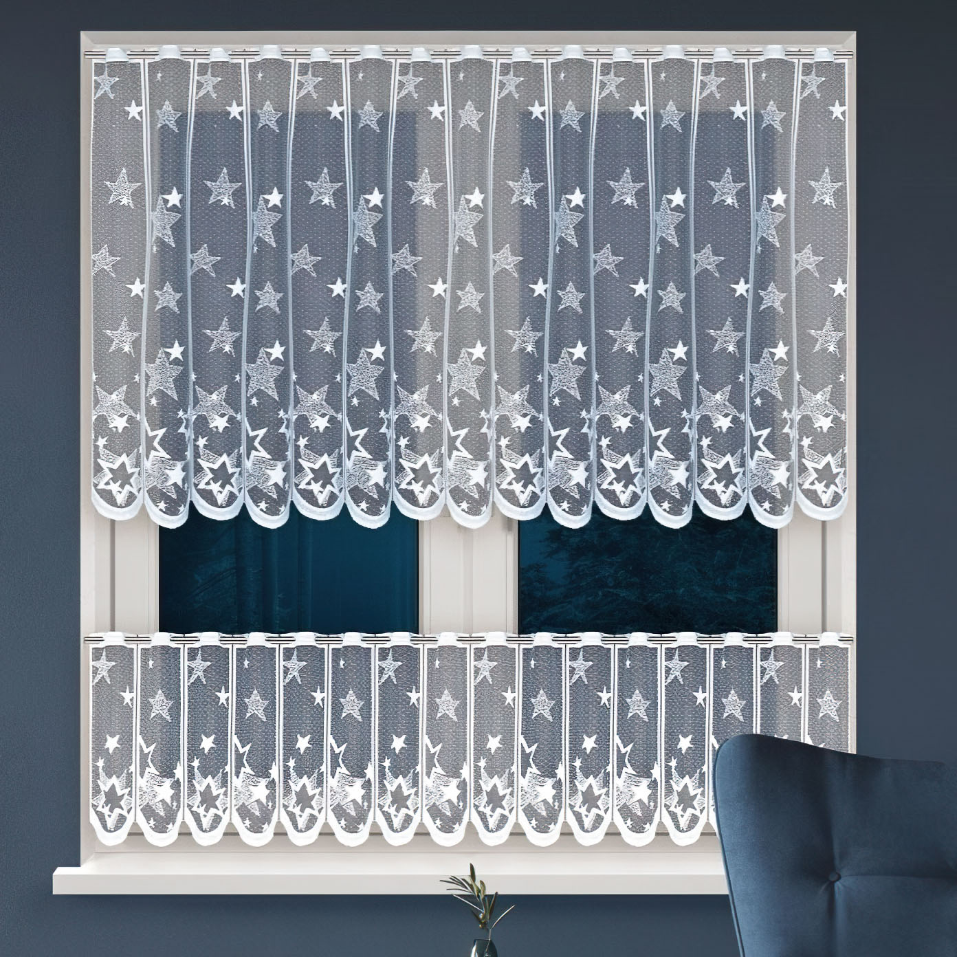 Olzatex žakárová HVĚZDY VITRÁŽ T36134, zimní, vánoční vzor s bordurou, bílá, výška 60cm (v metráži)