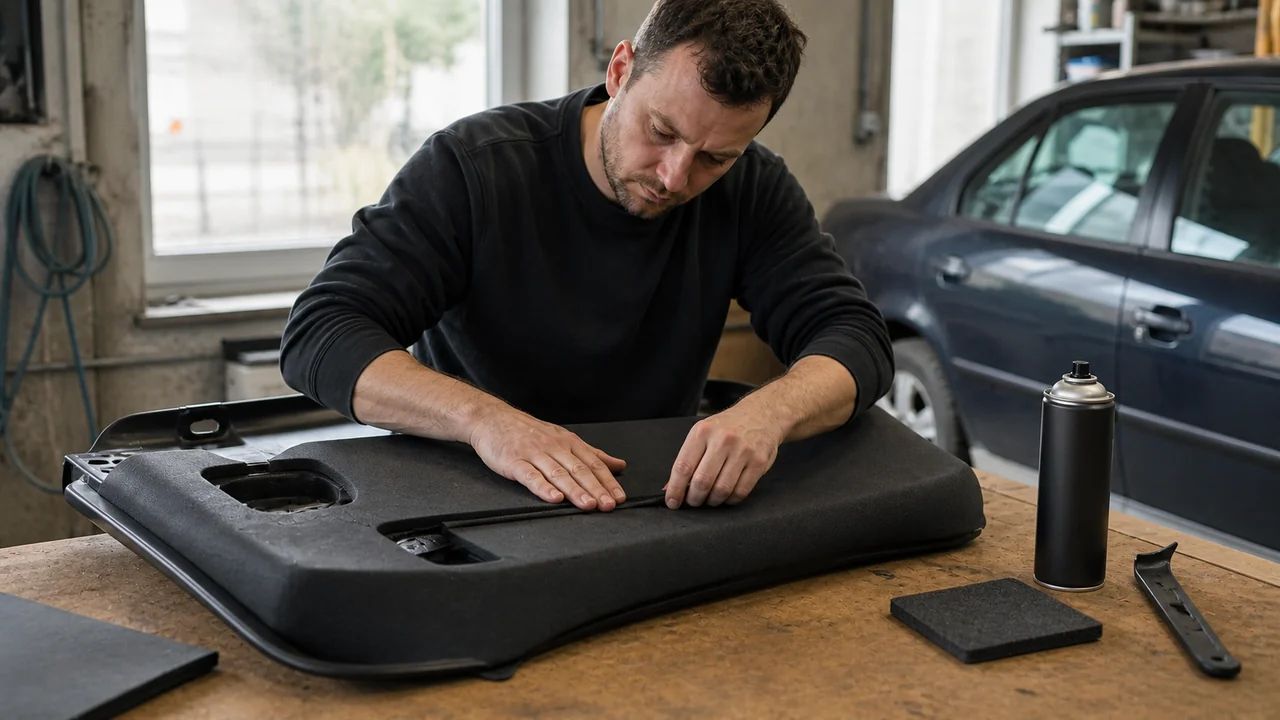 Čalounění stropnice automobilu novou textilií v čisté dílně