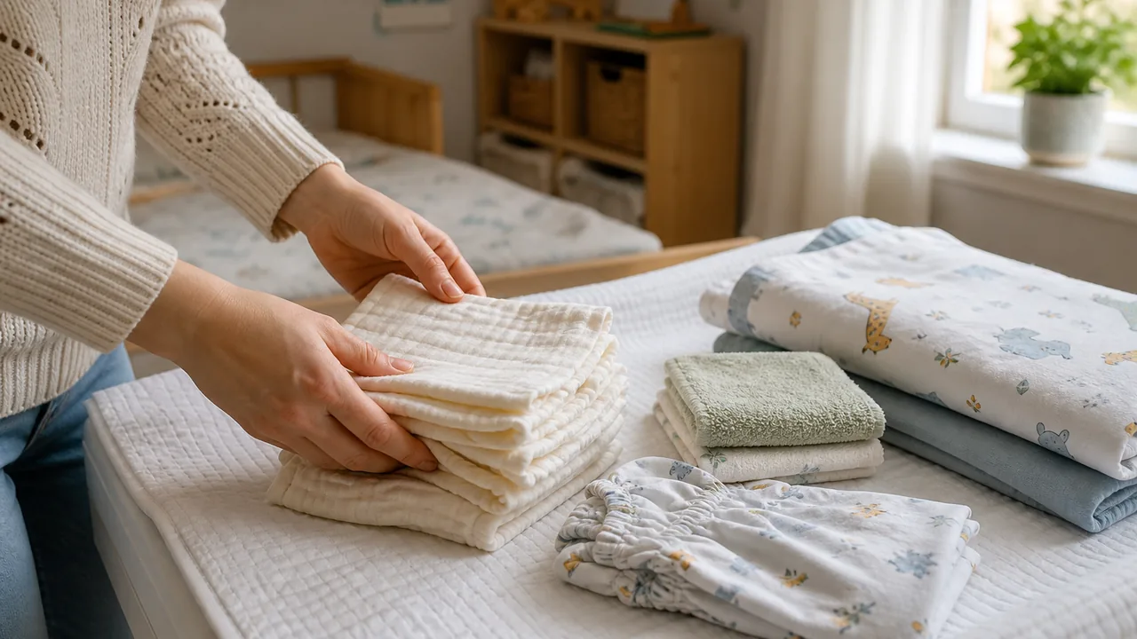 Jemný dětský textil a látkové pleny připravené v českém dětském pokoji